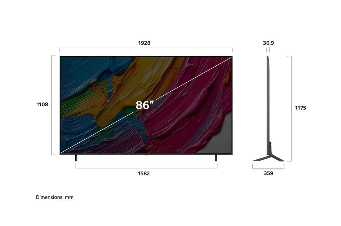 LG 86 dyumli LG QNED AI QNED80 4K Smart TV 2025, LG QNED AI QNED80 4K Smart televizorining uzunligi, kengligi, balandligi va chuqurlik o‘lchamlarini ko‘rsatadigan old va yon tomondan ko‘rinishi., 86QNED80A6A, thumbnail 4
