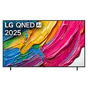 LG 86 dyumli LG QNED AI QNED80 4K Smart TV 2025, LG QNED80 TV televizorining old tomondan ko‘rinishi, LG QNED Al logotipi yuqori burchakda. LG QNED TV rang-barang bo‘yoq teksturalarini birlashtirganini tasvirlaydi., 86QNED80A6A, thumbnail 1