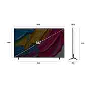 LG 86 dyumli LG QNED AI QNED80 4K Smart TV 2025, LG QNED AI QNED80 4K Smart televizorining uzunligi, kengligi, balandligi va chuqurlik o‘lchamlarini ko‘rsatadigan old va yon tomondan ko‘rinishi., 86QNED80A6A, thumbnail 4