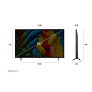 LG 55 dyumli LG NanoCell AI NANO81 4K Smart TV 2025, LG NanoCell NANO80 AI 4K Smart televizorining uzunligi, kengligi, balandligi va chuqurlik o‘lchamlarini ko‘rsatadigan old va yon tomondan ko‘rinishi., 55NANO81A6A, thumbnail 4