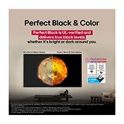 LG 83 dyumli LG OLED evo AI G5 4K Smart TV 2025, Bittasi Perfect Color va Perfect Black ranglariga ega, boshqasi ega ega bo‘lmagan displeylarni vizual solishtirishni ko‘rsatuvchi LG OLED TV. UL va ko‘z uchun xavfsizligi sertifikatlari belgilarni tek, OLED83G5RLA, thumbnail 7