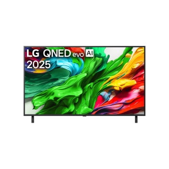 Vue avant de la TV LG QNED evo QNED86, logo LG QNED evo Al, dans le coin supérieur. La TV LG QNED evo QNED85 représente des textures colorées semblables à de la peinture, réunies.1