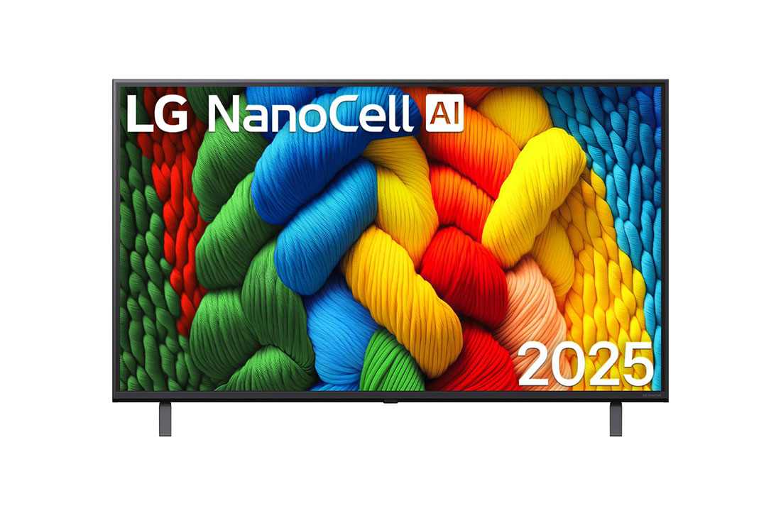 LG 43 dyumli LG NanoCell AI NANO81 4K Smart TV 2025, NanoCell TV televizorining old tomondan ko‘rinishi, yuqori burchakda LG NanoCell Al logotipi. LG NanoCell NANO80 TV rang-barang bo‘yoq teksturalarini birlashtirganini tasvirlaydi., 43NANO81A6A