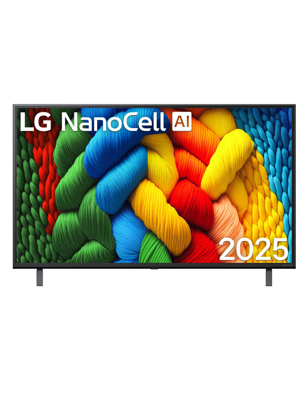 LG 43 dyumli LG NanoCell AI NANO81 4K Smart TV 2025, NanoCell TV televizorining old tomondan ko‘rinishi, yuqori burchakda LG NanoCell Al logotipi. LG NanoCell NANO80 TV rang-barang bo‘yoq teksturalarini birlashtirganini tasvirlaydi., 43NANO81A6A