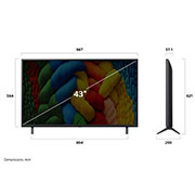 LG 43 dyumli LG NanoCell AI NANO81 4K Smart TV 2025, LG NanoCell NANO80 AI 4K Smart televizorining uzunligi, kengligi, balandligi va chuqurlik o‘lchamlarini ko‘rsatadigan old va yon tomondan ko‘rinishi., 43NANO81A6A, thumbnail 4