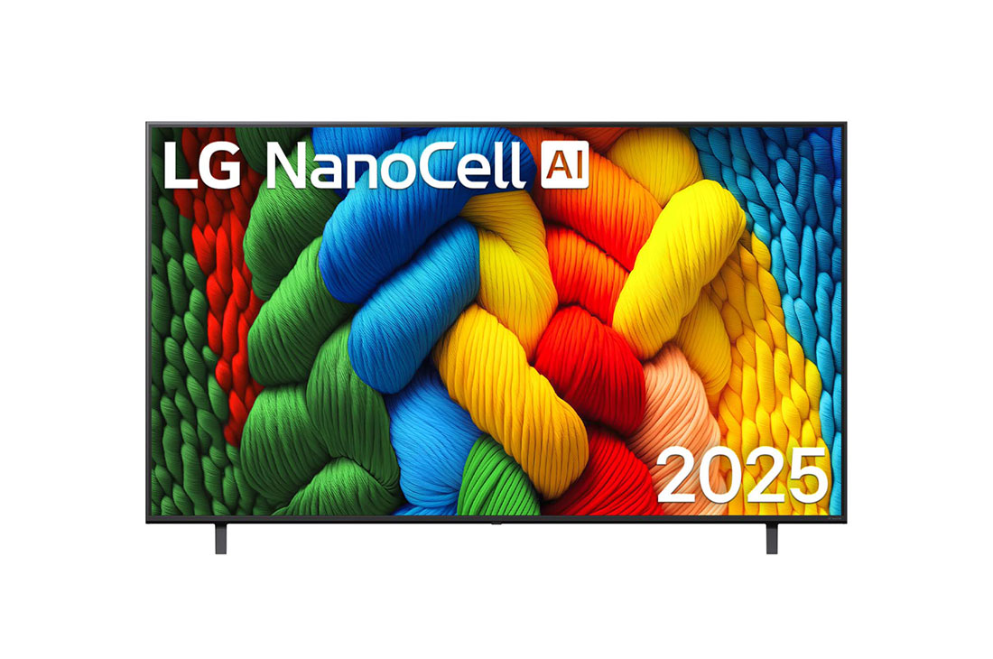 LG 75 dyumli LG NanoCell AI NANO81 4K Smart TV 2025, NanoCell TV televizorining old tomondan ko‘rinishi, yuqori burchakda LG NanoCell Al logotipi. LG NanoCell NANO80 TV rang-barang bo‘yoq teksturalarini birlashtirganini tasvirlaydi., 75NANO81A6A