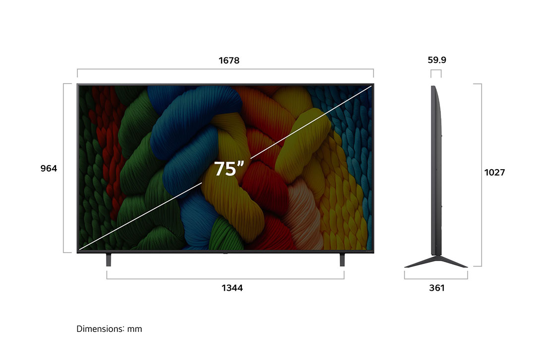 LG 75 dyumli LG NanoCell AI NANO81 4K Smart TV 2025, LG NanoCell NANO80 AI 4K Smart televizorining uzunligi, kengligi, balandligi va chuqurlik o‘lchamlarini ko‘rsatadigan old va yon tomondan ko‘rinishi., 75NANO81A6A, thumbnail 4