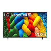 LG 75 dyumli LG NanoCell AI NANO81 4K Smart TV 2025, NanoCell TV televizorining old tomondan ko‘rinishi, yuqori burchakda LG NanoCell Al logotipi. LG NanoCell NANO80 TV rang-barang bo‘yoq teksturalarini birlashtirganini tasvirlaydi., 75NANO81A6A, thumbnail 1