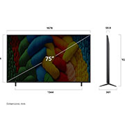 LG 75 dyumli LG NanoCell AI NANO81 4K Smart TV 2025, LG NanoCell NANO80 AI 4K Smart televizorining uzunligi, kengligi, balandligi va chuqurlik o‘lchamlarini ko‘rsatadigan old va yon tomondan ko‘rinishi., 75NANO81A6A, thumbnail 4