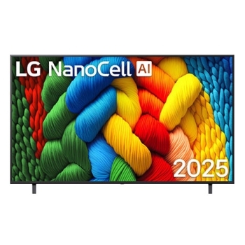 Vedere din față a unui LG NanoCell TV, NANO82, cu textul LG NanoCell 2024 și logo-ul webOS Re:New Program pe ecran1