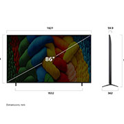 LG 86 dyuymli LG NanoCell AI NANO81 4K Smart TV 2025, LG NanoCell NANO80 AI 4K Smart televizorining uzunligi, kengligi, balandligi va chuqurlik o‘lchamlarini ko‘rsatadigan old va yon tomondan ko‘rinishi., 86NANO81A6A, thumbnail 4