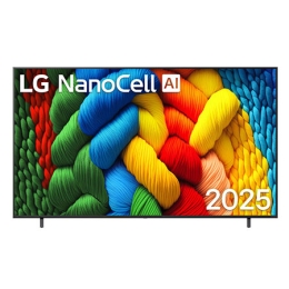 Vedere din față a unui LG NanoCell TV, NANO82, cu textul LG NanoCell 2024 și logo-ul webOS Re:New Program pe ecran2
