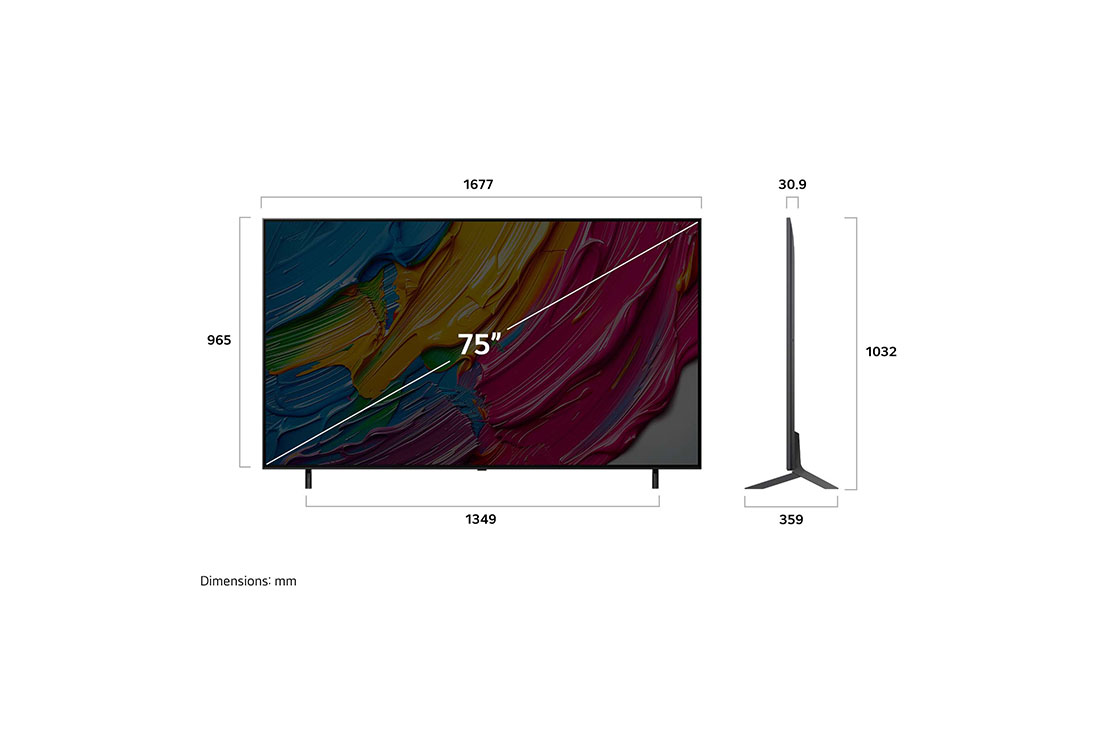 LG 75 dyumli LG QNED AI QNED80 4K Smart TV 2025, LG QNED AI QNED80 4K Smart televizorining uzunligi, kengligi, balandligi va chuqurlik o‘lchamlarini ko‘rsatadigan old va yon tomondan ko‘rinishi., 75QNED80A6A, thumbnail 4
