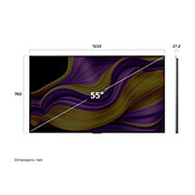 LG 55 dyumli LG OLED evo AI G5 4K Smart TV 2025, LG OLED evo AI G5 4K Smart televizorining uzunligi, kengligi, balandligi va chuqurlik o‘lchamlarini ko‘rsatadigan old va yon tomondan ko‘rinishi., OLED55G5RLA, thumbnail 4