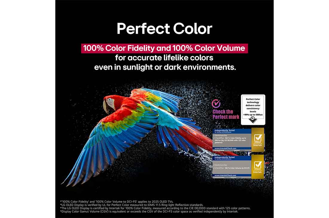 LG 65 dyumli LG OLED AI B5 4K Smart TV 2025, Qora fonda o'ta yuqori aniqlikdagi rangdor to‘tiqush. Uning atrofidagi havoda suv tomchilari muallaq turibdi. Tasvir Mukammal rangni ko‘rsatadi, chunki to‘tiqush tanasidagi har bir turlicha rang tusi , OLED65B5RLA, thumbnail 7