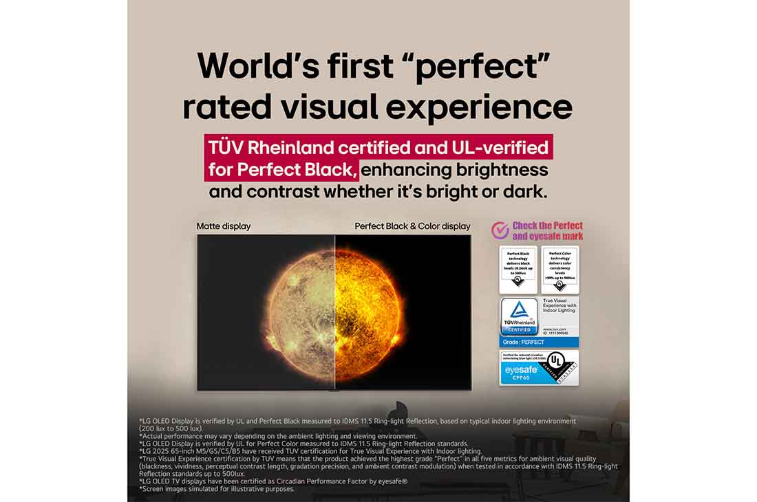 LG 65 dyumli LG OLED AI B5 4K Smart TV 2025, Bittasi Perfect Color va Perfect Black ranglariga ega, boshqasi ega ega bo‘lmagan displeylarni vizual solishtirishni ko‘rsatuvchi LG OLED TV. UL va ko‘z uchun xavfsizligi sertifikatlari belgilarni tek, OLED65B5RLA, thumbnail 6