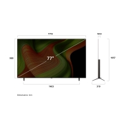 LG 77 dyumli LG OLED AI B5 4K Smart TV 2025, LG OLED AI B5 4K Smart televizorining uzunligi, kengligi, balandligi va chuqurlik o‘lchamlarini ko‘rsatadigan old va yon tomondan ko‘rinishi., OLED77B5RLA, thumbnail 4