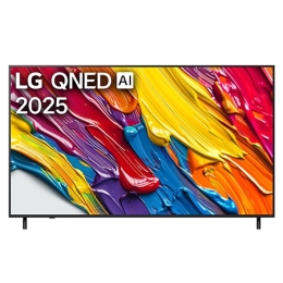 Вид спереди телевизора LG QNED82 TV, логотип LG QNED Al в верхнем углу. На телевизоре LG QNED TV изображены красочные текстуры, сливающиеся воедино.2