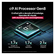 LG 77  dyumli LG OLED evo AI C5 4K Smart TV 2025, Alpha 9 AI protsessor Gen8 ko‘kning turli xil soyalari bilan yonadi va uning zanjirlarini ajratib ko‘rsatadigan yorug‘lik nurlari chiqadi. Ishlash statistikasi ko‘rinadi. 1,7 baravar ko‘proq AI neyron, OLED77C5RLA, thumbnail 5