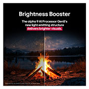 LG 77  dyumli LG OLED evo AI C5 4K Smart TV 2025, Tabiat qo‘ynida tundagi gulxan. Uzoqda o‘rmon va ko‘l ko‘rinib turibdi. Oqshomgi osmon yulduzlar bilan to‘lgan. Butun sahna ikkiga bo‘lingan. Bitta tomoni qorong‘iroq va xiraroq. Ikkinchi yarmi yorqin, OLED77C5RLA, thumbnail 6