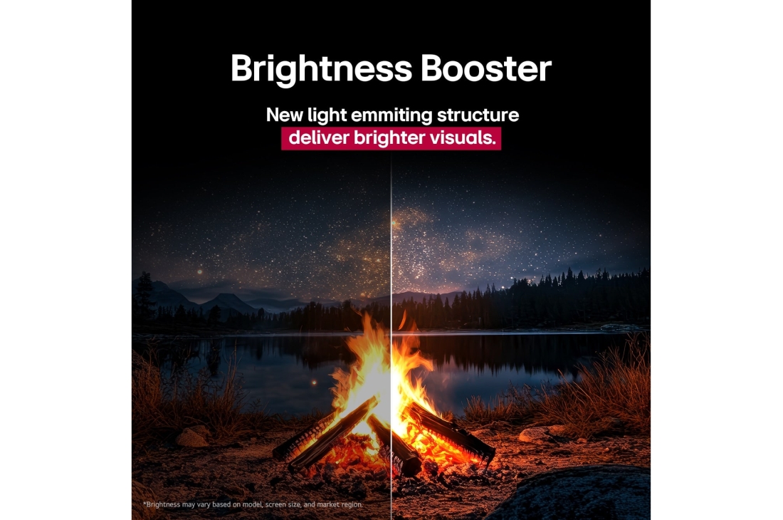 LG 55  dyumli LG OLED evo AI C5 4K Smart TV 2025, Tabiat qo‘ynida tundagi gulxan. Uzoqda o‘rmon va ko‘l ko‘rinib turibdi. Oqshomgi osmon yulduzlar bilan to‘lgan. Butun sahna ikkiga bo‘lingan. Bitta tomoni qorong‘iroq va xiraroq. Ikkinchi yarmi yorqin, OLED55C5RLA, thumbnail 6