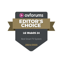 2024/2025-yilgi eng yaxshi Smart TV tizimi sifatida LG webOS 24 uchun “AVForums Editor's Choice” logotipi. 