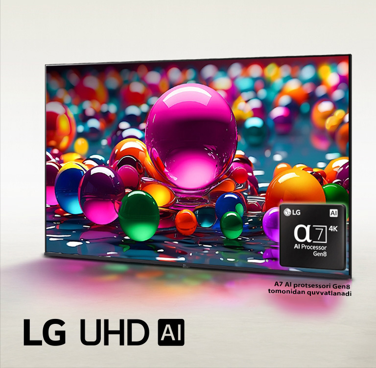 LG UHD TV chap tomonga bir oz burchak ostida joylashgan va pushti, ko‘k va binafsha rangdagi turlicha rangli marmarlarni tasvirlaydi. Alpha 7 AI Processor Gen8 logotipi televizorning pastki o‘ng burchagida joylashgan. LG UHD AI logotipi pastki chap burchakda joylashgan. Matn ham ko‘rinadi, u alpha 7 AI protsessori Gen8 tomonidan quvvatlanadi.