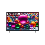 LG 50 dyuymli Smart TV LG UHD AI UA75 4K 2025 yilgi televizori  , UHD UA75 televizorining old tomondan ko‘rinishi, yuqori burchakda LG UHD Al logotipi. LG UHD TV rang-barang bo‘yoq teksturalarini birlashtirganini tasvirlaydi., 50UA75009LA, thumbnail 1