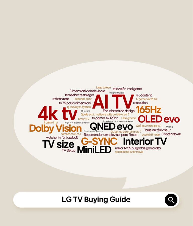 Bir qator rasmlarda Ultra Big TV, TV texnologiyasi, Yashash tarzi va AI TV o‘rnatilgan matnli turli LG TV’lari ko‘rsatilgan.