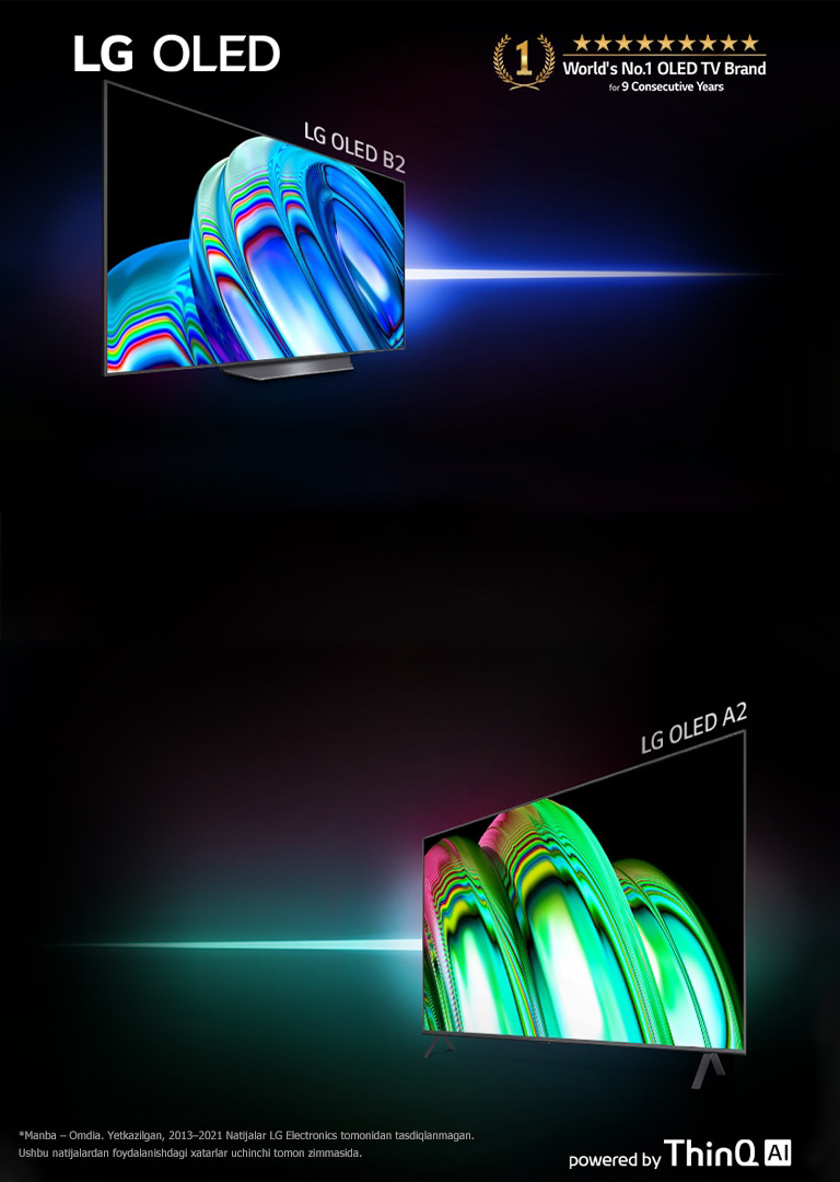 Ustiga porlab turgan pushti daraxt tasviri tushirilgan OLED televizori ramkasidagi kadr. Yuqori oʻng burchakda “OLED-televizorlari orasidagi Brend №1” logotipi tushirilgan. Pastki oʻng burchakda “Texnologiya ThinQ AI” logotipi joylashtirilgan. Yuqori chap burchakda “LG OLED evo” logotipi joylashgan. Pastki tarafning markazida BATAFSIL tugmasi bor.