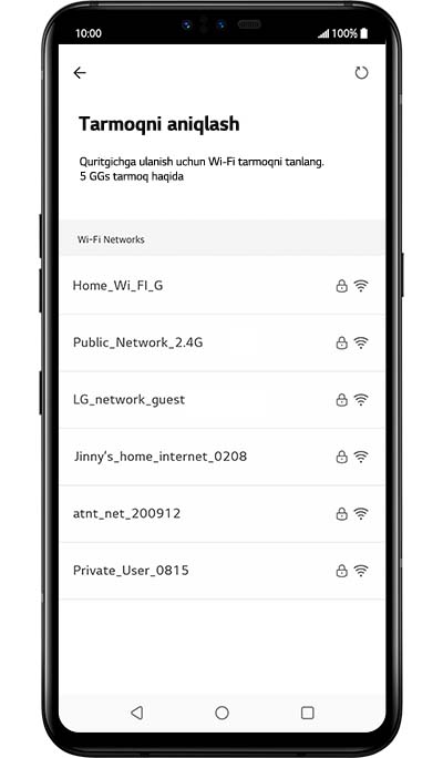 LG ThinQ ilovasidan foydalanish va mahsulotni registratsiya qilishga oid qoʻllanmaning beshinchi qadami. LG ThinQ ilovasi yordamida foydalanuvchi qurilmaning Wi-Fi tarmogʻini qanday tanlaydi (demo)