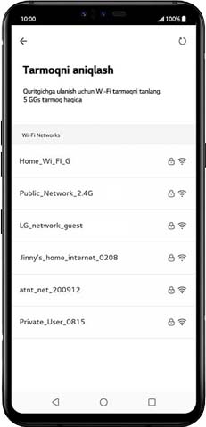 LG ThinQ ilovasidan foydalanish va mahsulotni registratsiya qilishga oid qoʻllanmaning beshinchi qadami. LG ThinQ ilovasi yordamida foydalanuvchi qurilmaning Wi-Fi tarmogʻini qanday tanlaydi (demo)