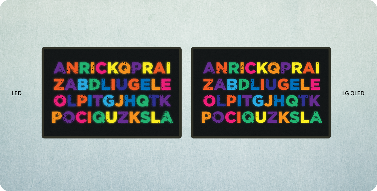 LED va OLED televizorlar yonma-yon paydo boʻladi. Ekranda rang-barang harflar paydo boʻladi va keyin ular “KOʻK YORUGʻLIK” matnini hosil qiladi. LED televizorda koʻk yorugʻlik charaqlab turgan boʻlsa, OLED televizorida u soʻndirilgan.
