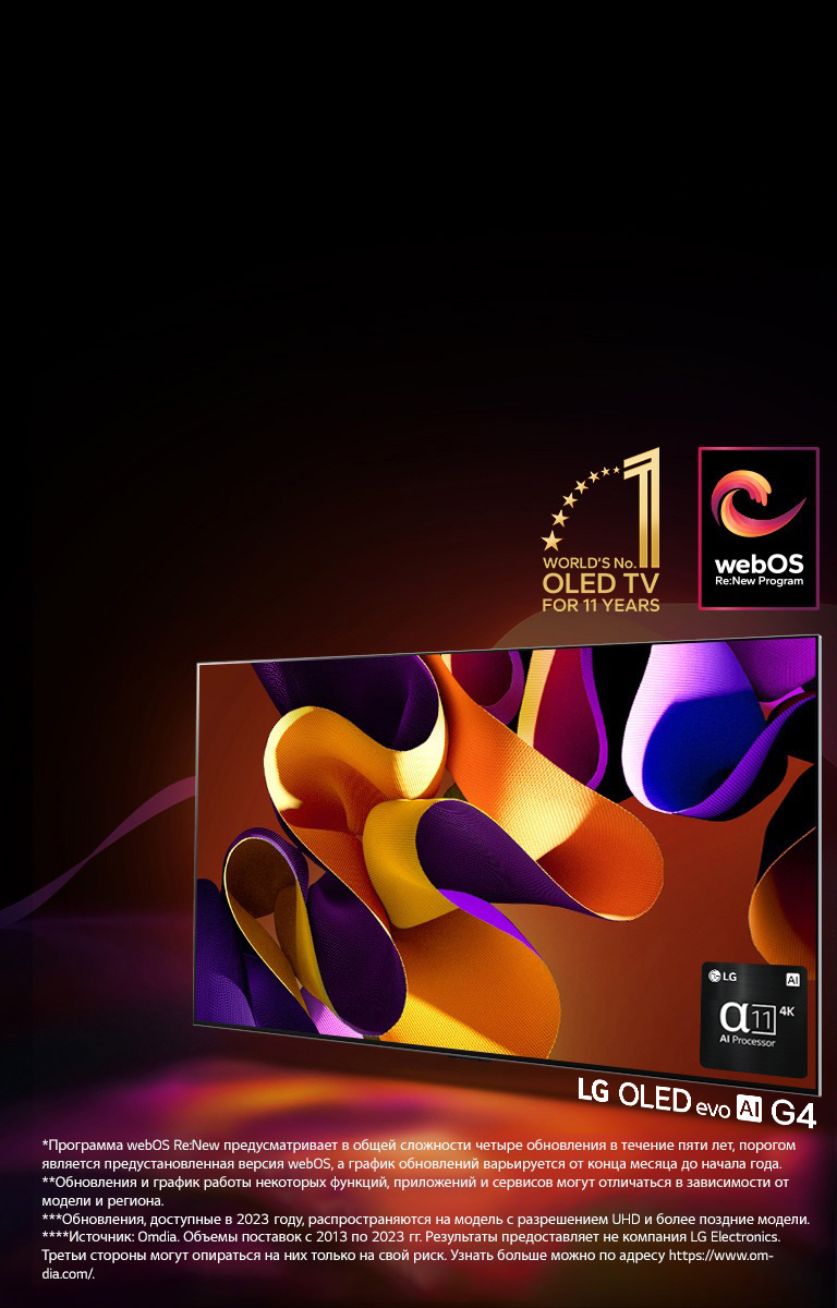 Телевизор LG OLED evo G4 с абстрактной яркой картинкой на экране на черном фоне с едва различимыми цветными завихрениями. Экран излучает свет, отбрасывая красочные тени. В нижнем правом углу экрана телевизора изображен процессор alpha 11 AI 4K. На изображении эмблема «Телевизор OLED № 1 в мире за 11 лет» и логотип webOS Re:New Program. Сообщение об отказе от ответственности: «Программа webOS Re:New предусматривает в общей сложности четыре обновления в течение пяти лет, порогом является предустановленная версия webOS, а график обновлений варьируется от конца месяца до начала года.»  «Обновления и график работы некоторых функций, приложений и сервисов могут отличаться в зависимости от модели и региона.»  «Обновления, доступные в 2023 году, распространяются на модель с разрешением UHD и более поздние модели.» «Источник: Omdia. Объемы поставок с 2013 по 2023 гг. Результаты предоставляет не компания LG Electronics. Третьи стороны могут опираться на них только на свой риск. Узнать больше можно по адресу https://www.omdia.com/».