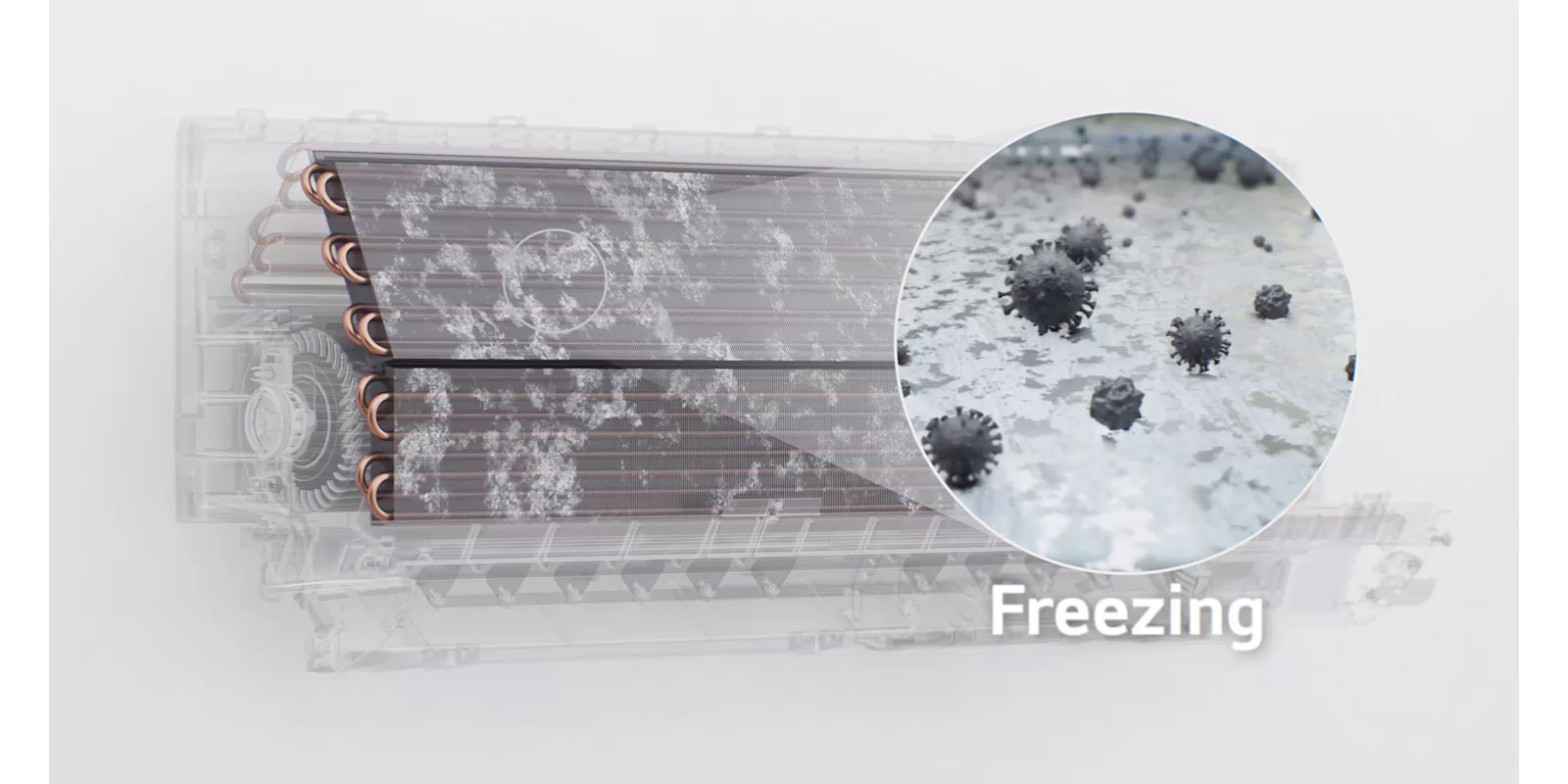 Пыль и бактерии внутри кондиционера замерзают, тают и смываются, делая его гигиенически чистым.