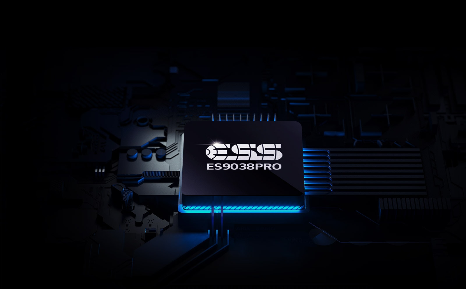 Quad DAC ES9038PRO размещен на черном фоне с синими неоновыми линиями схемы.