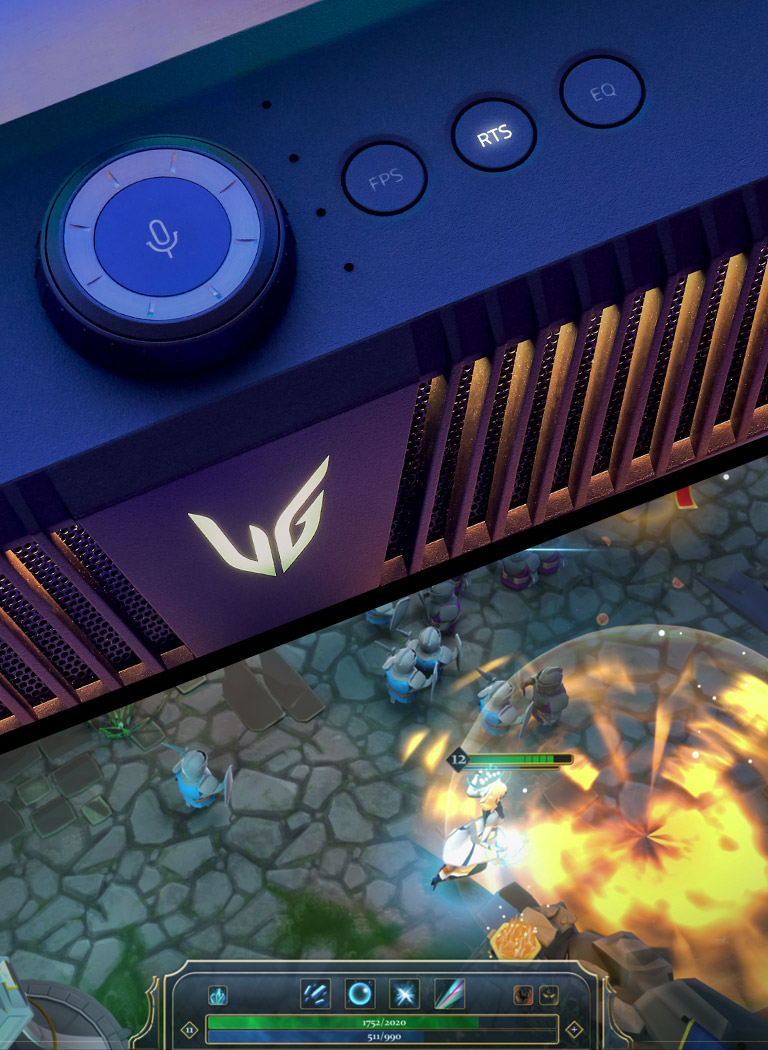 Игровой динамик расположен по диагонали с оранжевой подсветкой, а в нижней части экрана монитора находится игровая сцена.