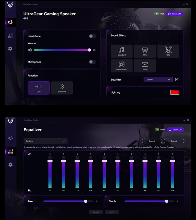 Два скриншота приложения игровой колонки LG UltraGear. На первом изображении показано, как можно менять громкость и звуковые эффекты, а на втором — настройки эквалайзера.