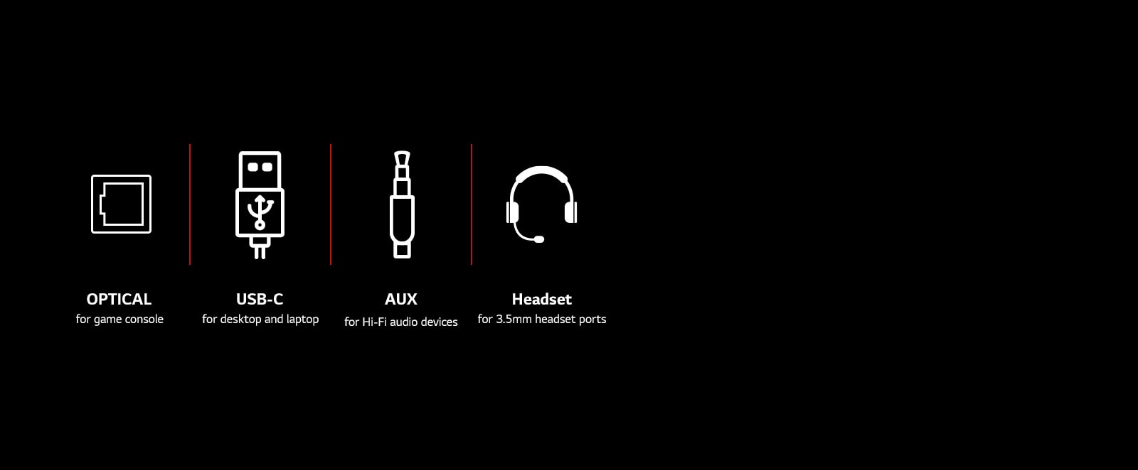 Пиктограммы оптического кабеля, кабеля USB-C, AUX и гарнитуры. Под каждой пиктограммой - текст с надписью Optical для игровой консоли, USB-C для настольных компьютеров и ноутбуков, AUX для аудиоустройств Hi-Fi и Headset для портов для гарнитуры 3,5 мм.