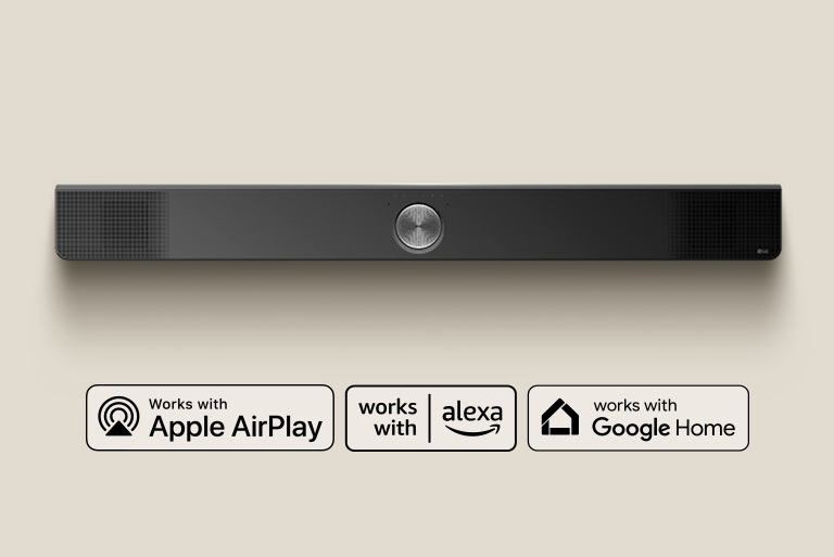 Вид сверху на звуковую панель LG Soundbar. Логотип Apple AirPlay Логотип Amazon Alexa Логотип Google Home