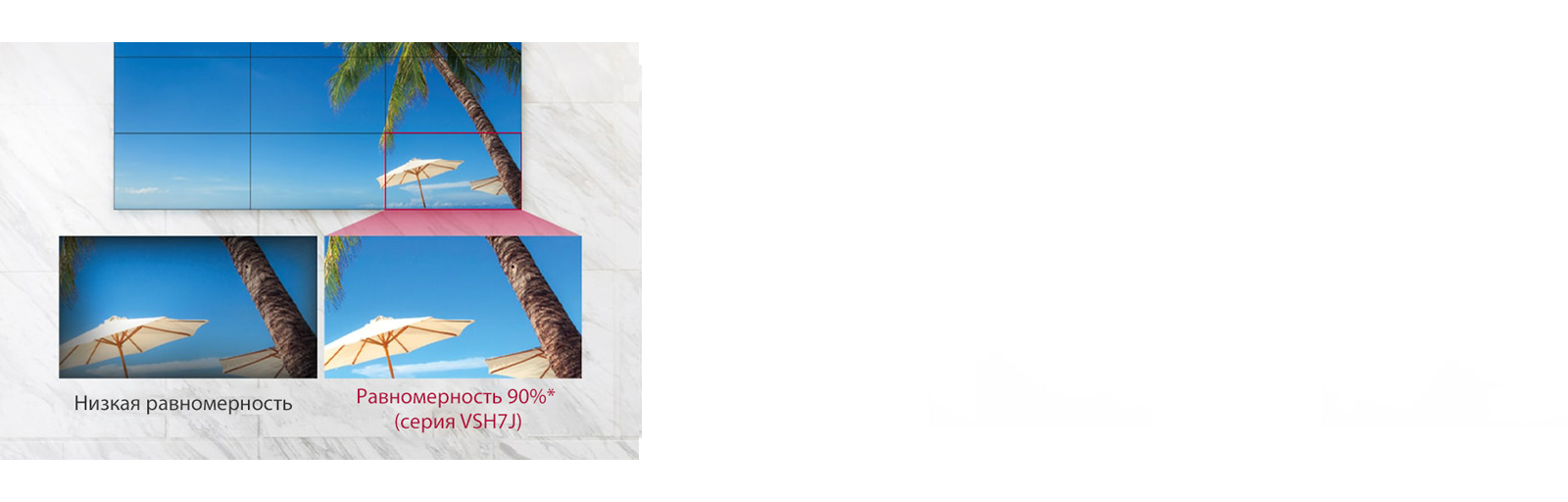 Экраны с низкой равномерностью имеют затемнение по углам рамки, в то время как серия VSH7J обеспечивает сбалансированную цветопередачу по всей площади дисплея.