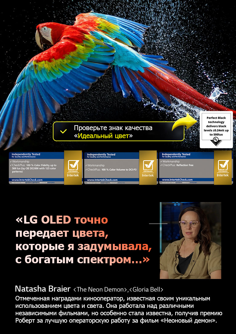 Красочный попугай в ультравысоком разрешении на черном фоне. Вокруг него в воздухе зависли капли воды. Изображение демонстрирует технологию «Идеальный цвет», подчеркивая красоту и яркость каждого оттенка цвета попугая. Темный фон с четкими деталями капель воды также делает акцент на экране с антибликовым покрытием. Представлены различные сертификаты логотипов UL и Intertek. Они указывают на 100% точность цветопередачи, 100% цветовой объем и защиту от бликов. Также виден текст: «Проверьте знак качества «Идеальный цвет»».