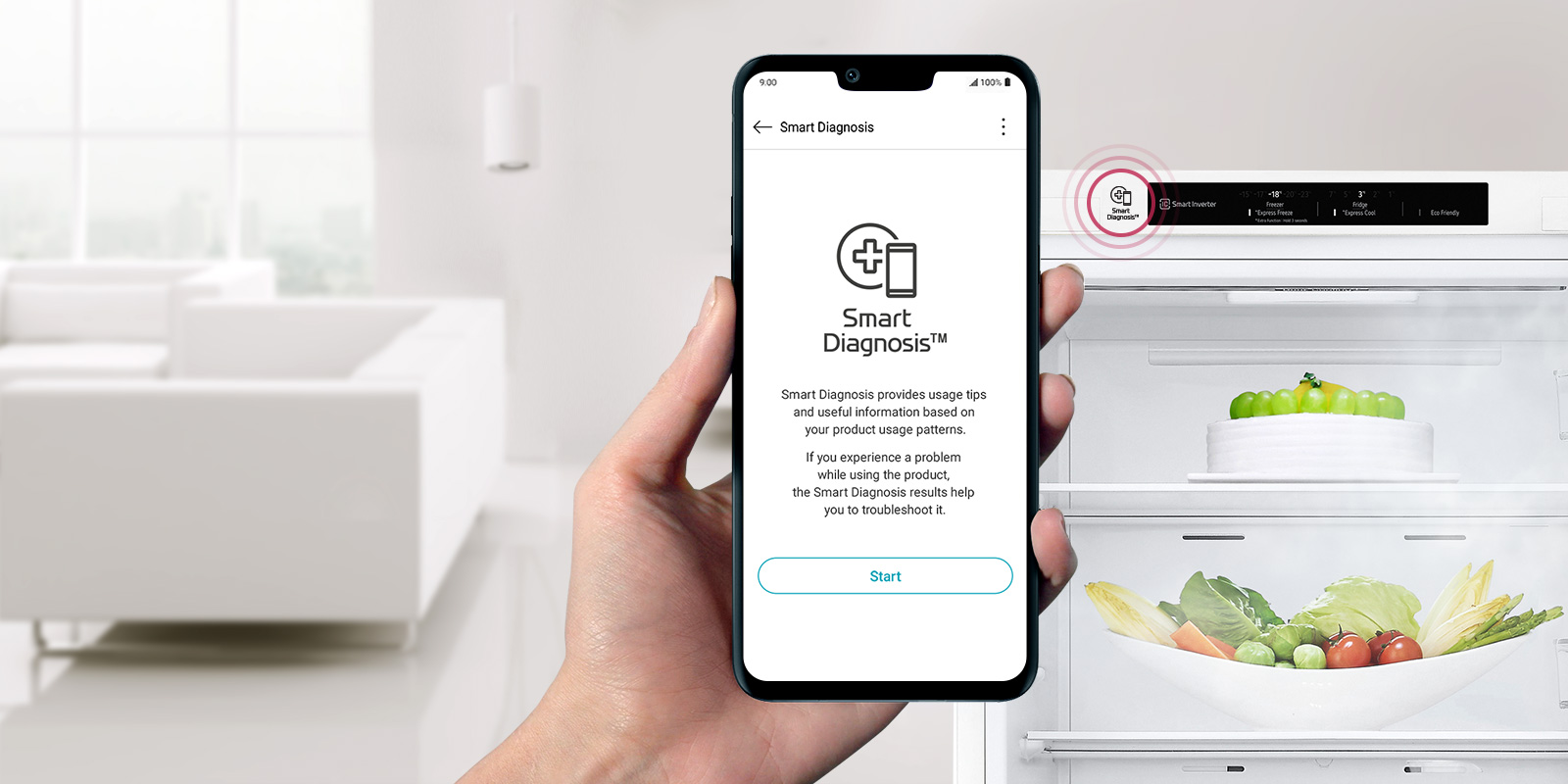 Рука, направленная вперед, держит телефон на фоне холодильника. На экране телефона отображается приложение Smart Diagnosis для оповещений о техническом обслуживании.