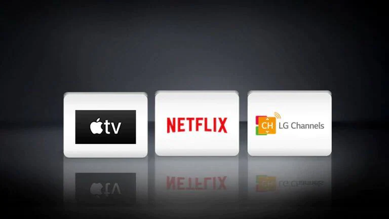 LG Channels, Netflix and Apple TV logos arranged horizontally on a black background.