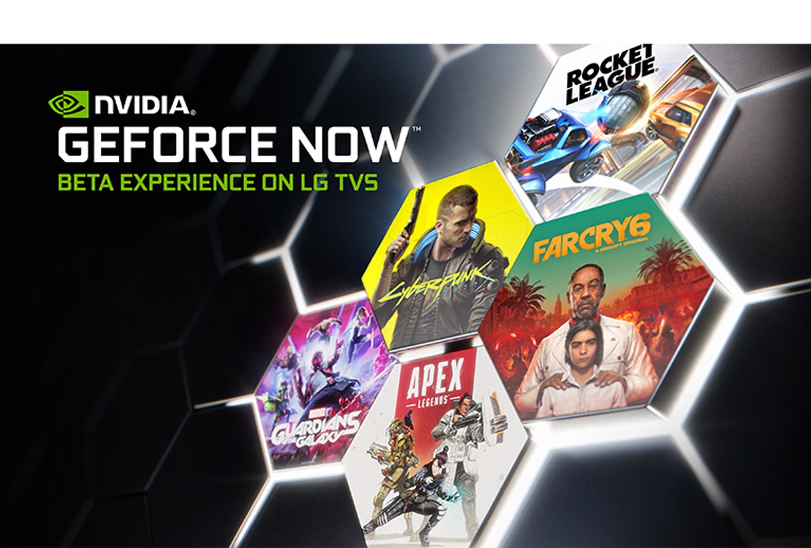 Изображение с логотипом GeForce Now на темном фоне. Обложки и названия нескольких популярных игр.