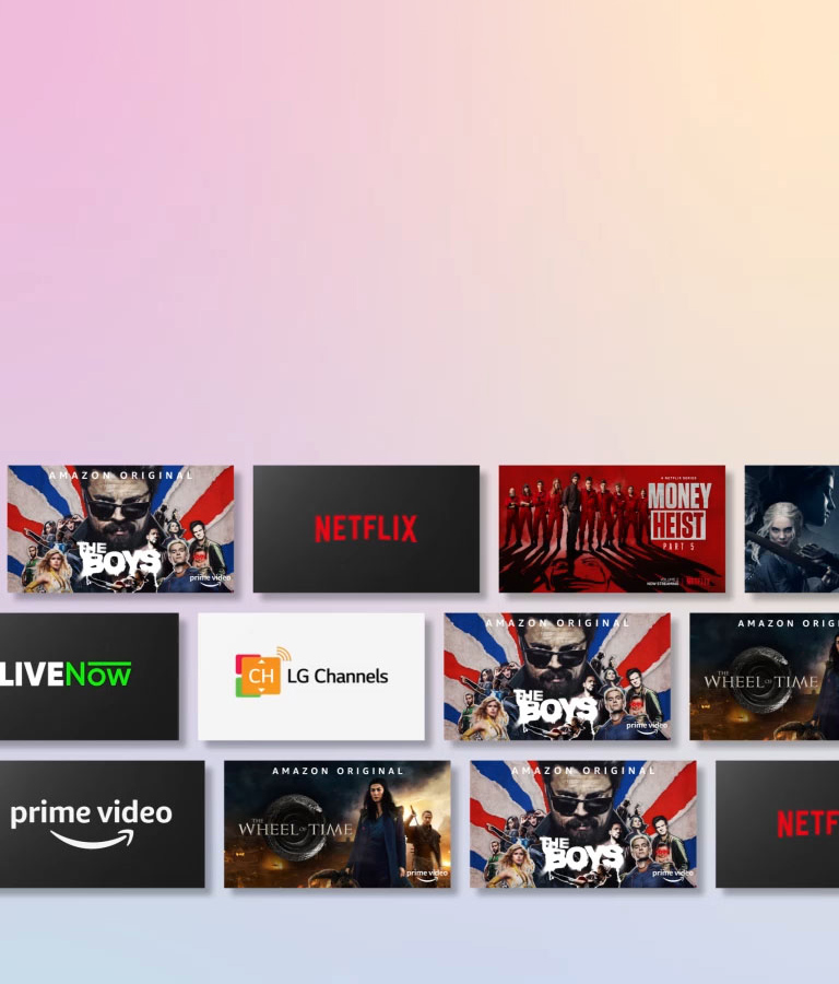 Колонки с логотипами OTT-сервисов и миниатюрными изображениями контента.