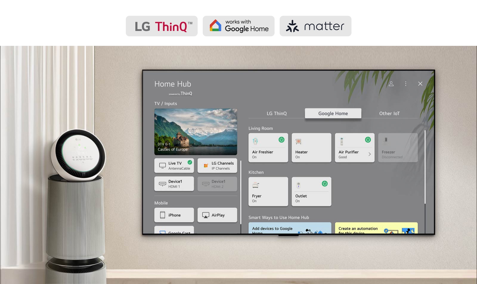 Телевизор LG TV с Home Hub на экране. В пользовательском интерфейсе отображаются Google Home, ThinQ и другие элементы Интернета вещей, показывая, как просто управлять всеми своими умными устройствами с телевизора.