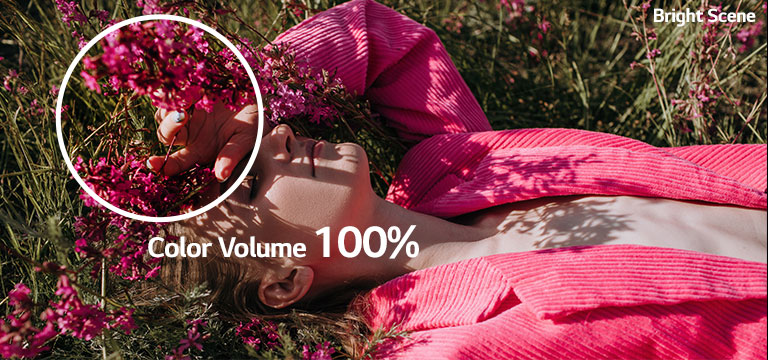 В яркой сцене девушка лежит на траве, и весь цвет становится более четким и ярким, когда объем цвета увеличивается с 70% до 100%. В темной сцене девушка держит разноцветный зонтик, и весь цвет становится более четким и ярким, когда объем цвета увеличивается с 70% до 100%.
