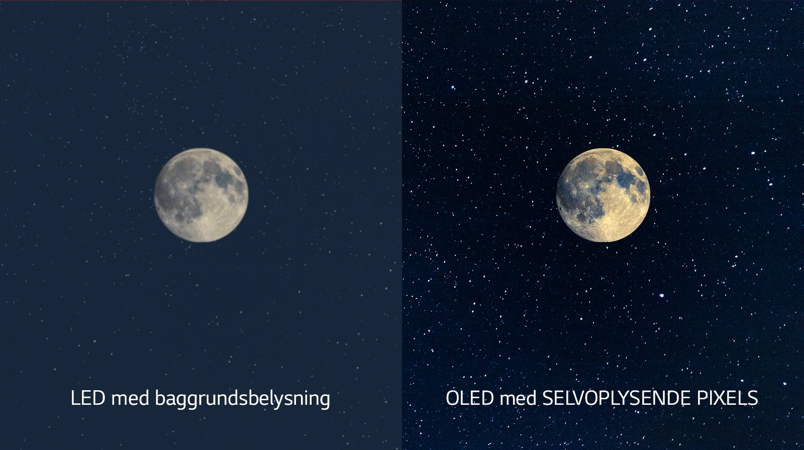 Изображение луны: слева показан LED-дисплей в неглубоким черным цветом, а справа — OLED с идеальным черным (просмотр видео)