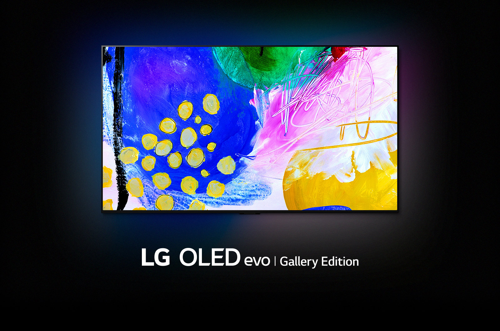 LG OLED G2 в темной комнате с красочной абстрактной картиной с фигурами на дисплее и надписью "LG OLED evo Gallery Edition" под ней.